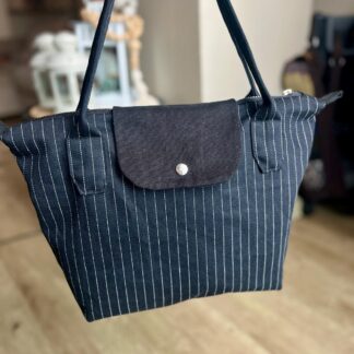 Çizgi Densenli Kot Longchamp Stil Çanta - Siyah Astar Ön