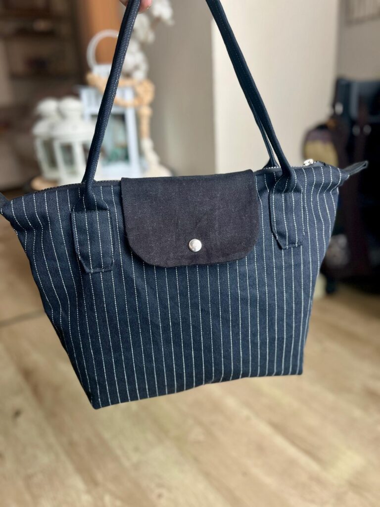 Çizgi Densenli Kot Longchamp Stil Çanta - Siyah Astar Ön