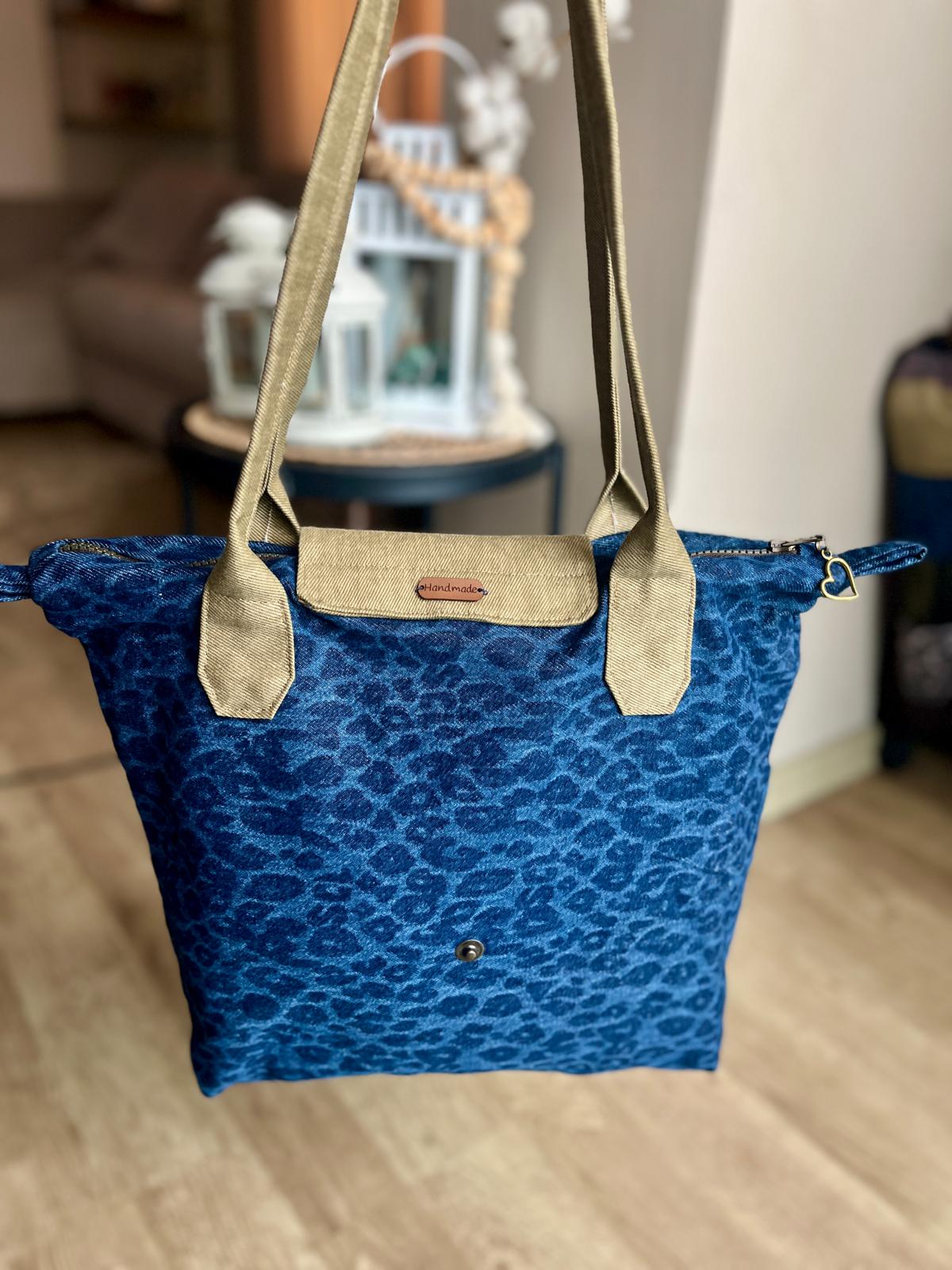 Lacivert Leopar Desenli Longchamp Stil Çanta - Yeşil Sap & Lacivert Astar Arka