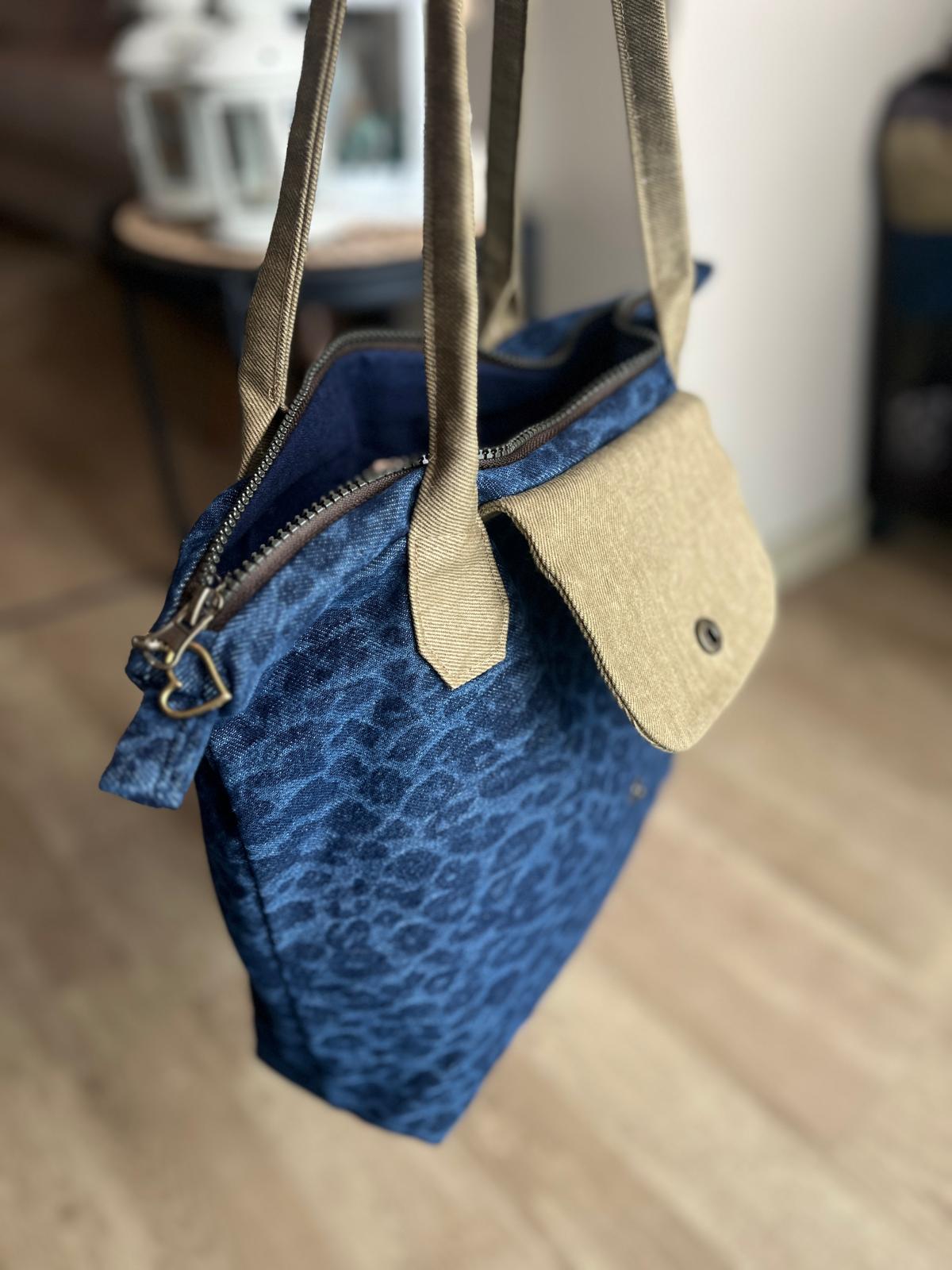 Lacivert Leopar Desenli Longchamp Stil Çanta - Yeşil Sap & Lacivert Astar Çapraz
