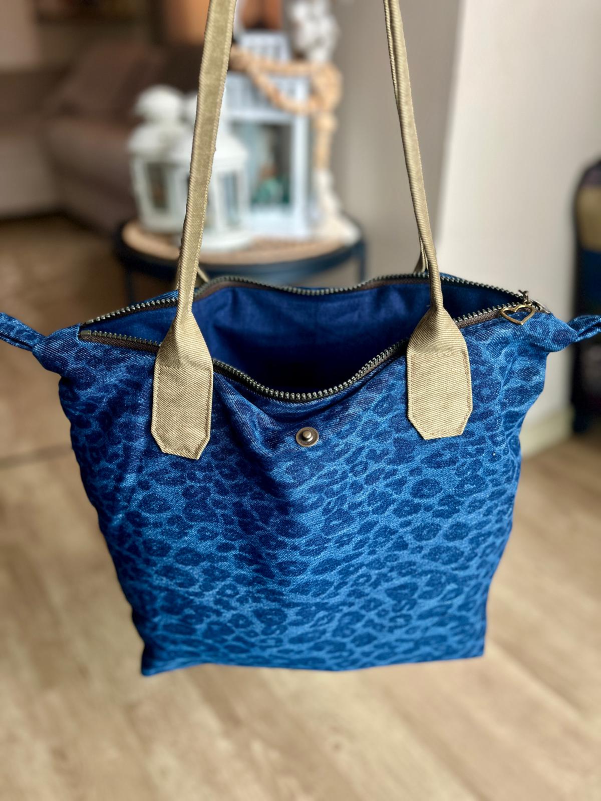 Lacivert Leopar Desenli Longchamp Stil Çanta - Yeşil Sap & Lacivert Astar İç