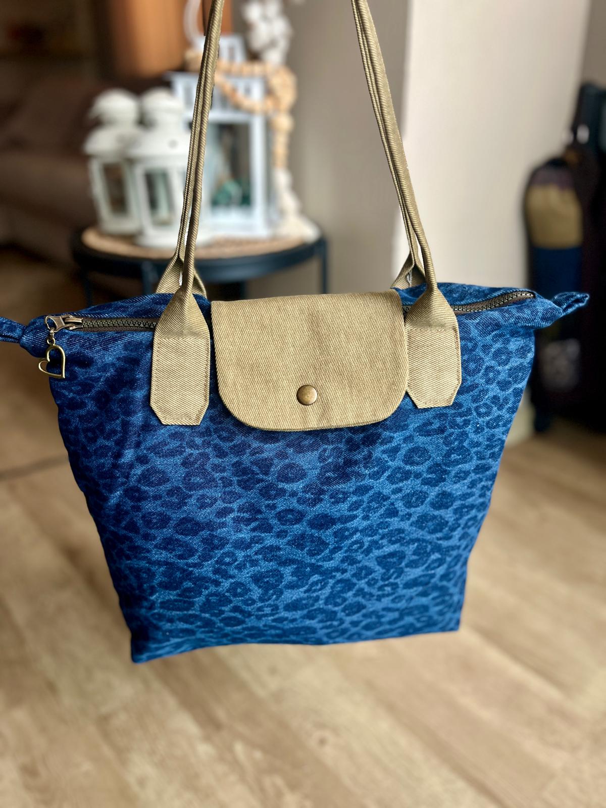 Lacivert Leopar Desenli Longchamp Stil Çanta - Yeşil Sap & Lacivert Astar Ön