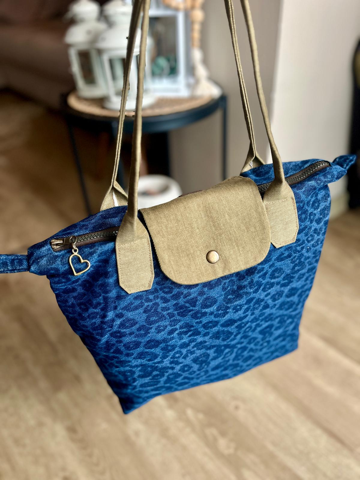 Lacivert Leopar Desenli Longchamp Stil Çanta - Yeşil Sap & Lacivert Astar Yan
