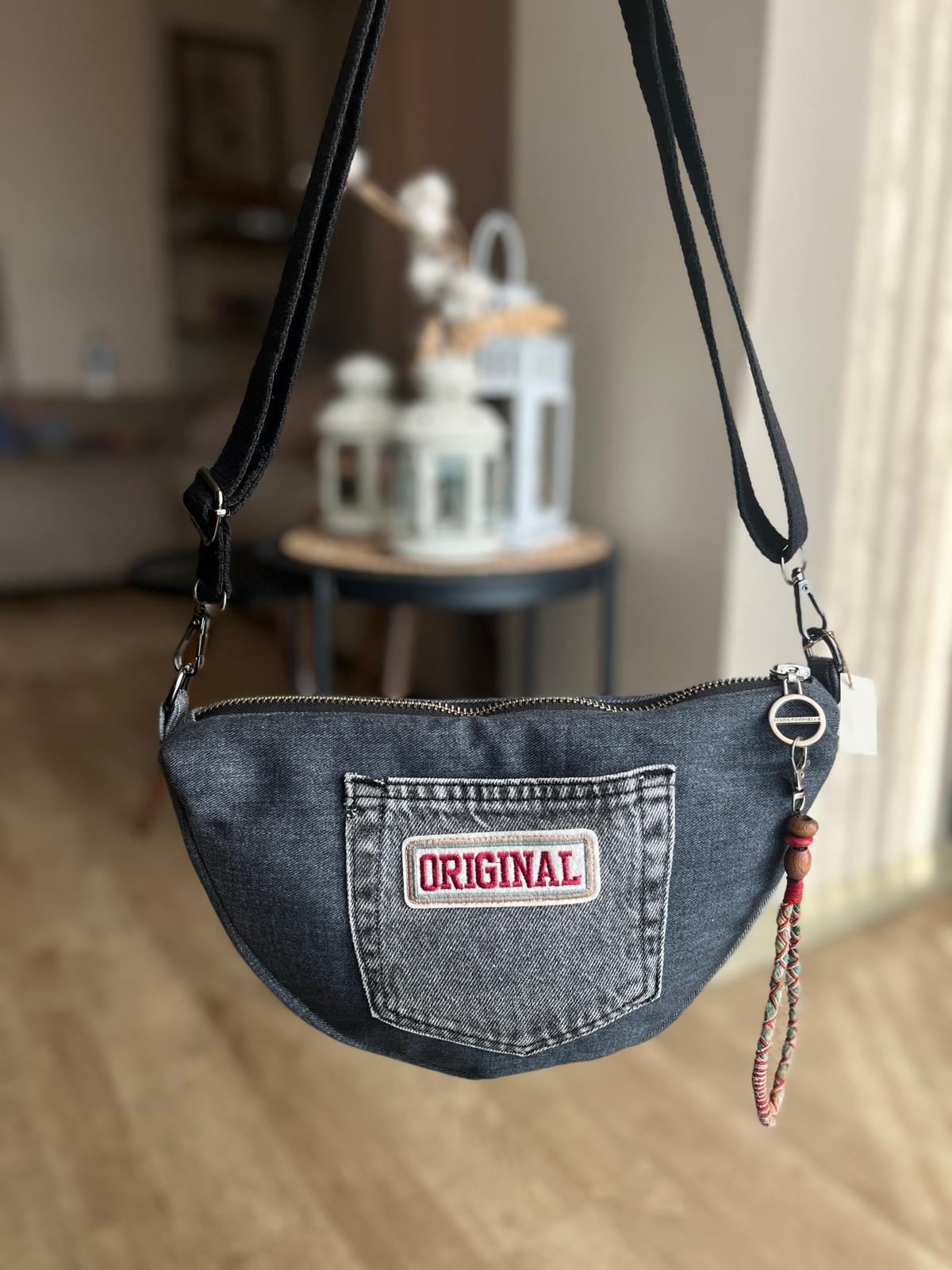 Elyaf Dolgulu Siyah Denim Çapraz Çanta Ön