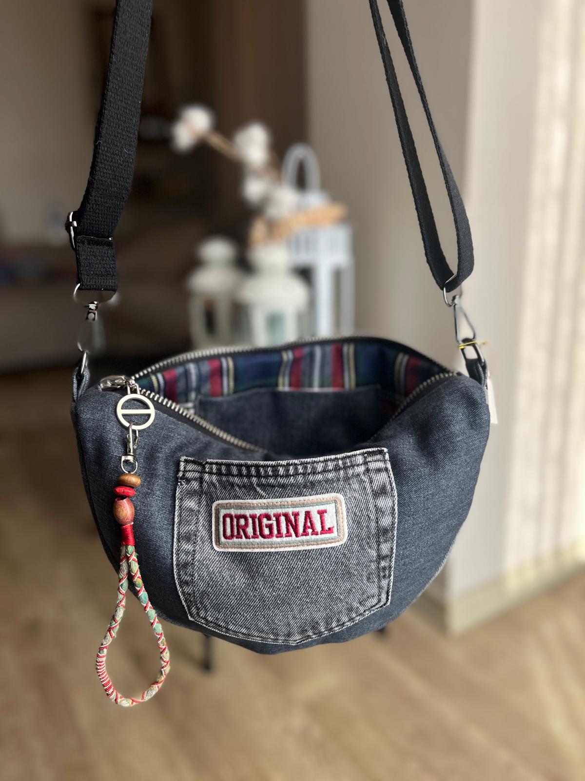Elyaf Dolgulu Siyah Denim Çapraz Çanta İç