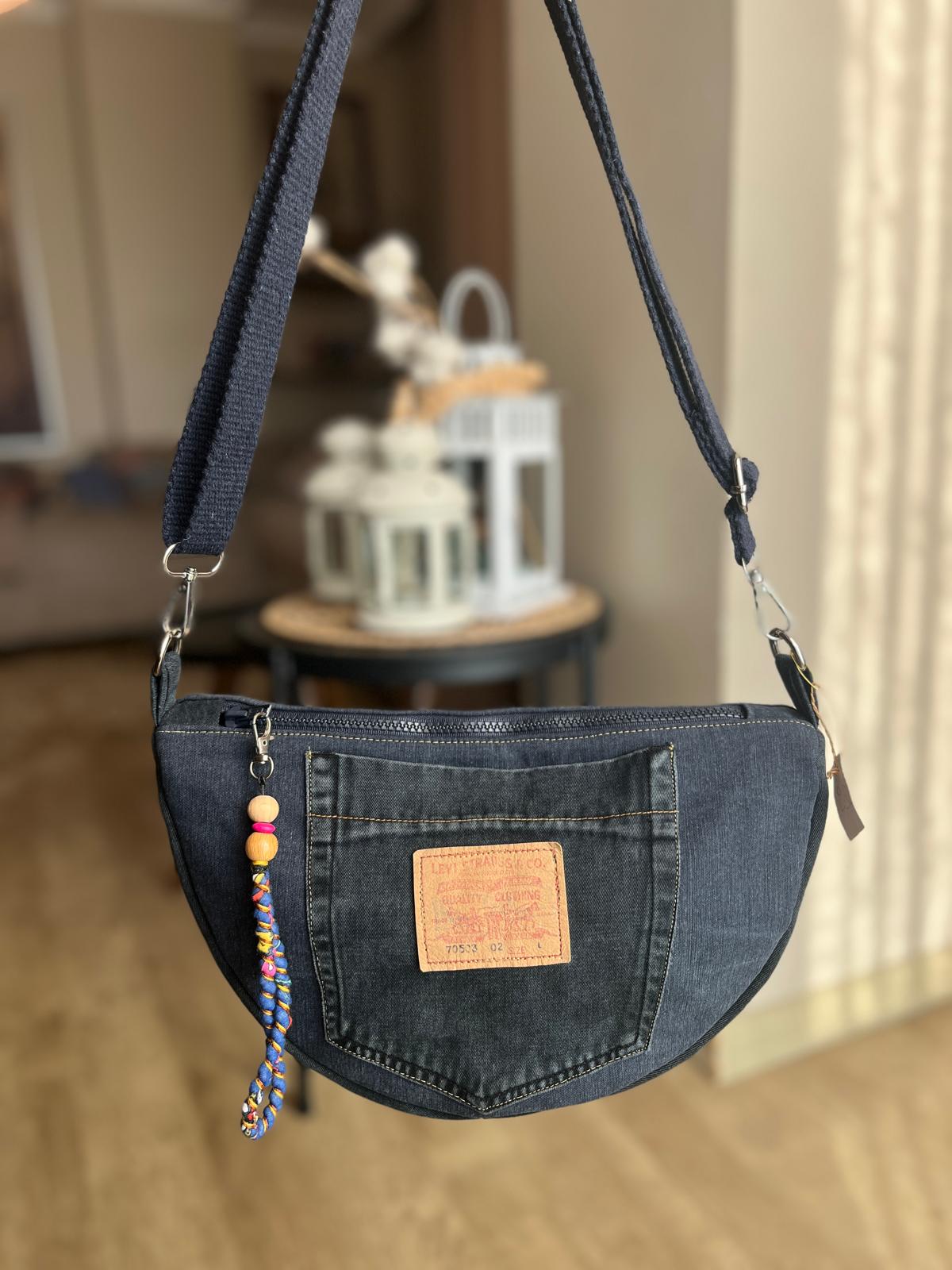 Elyaf Dolgulu Denim Çapraz Çanta – Ekose Astar Ön