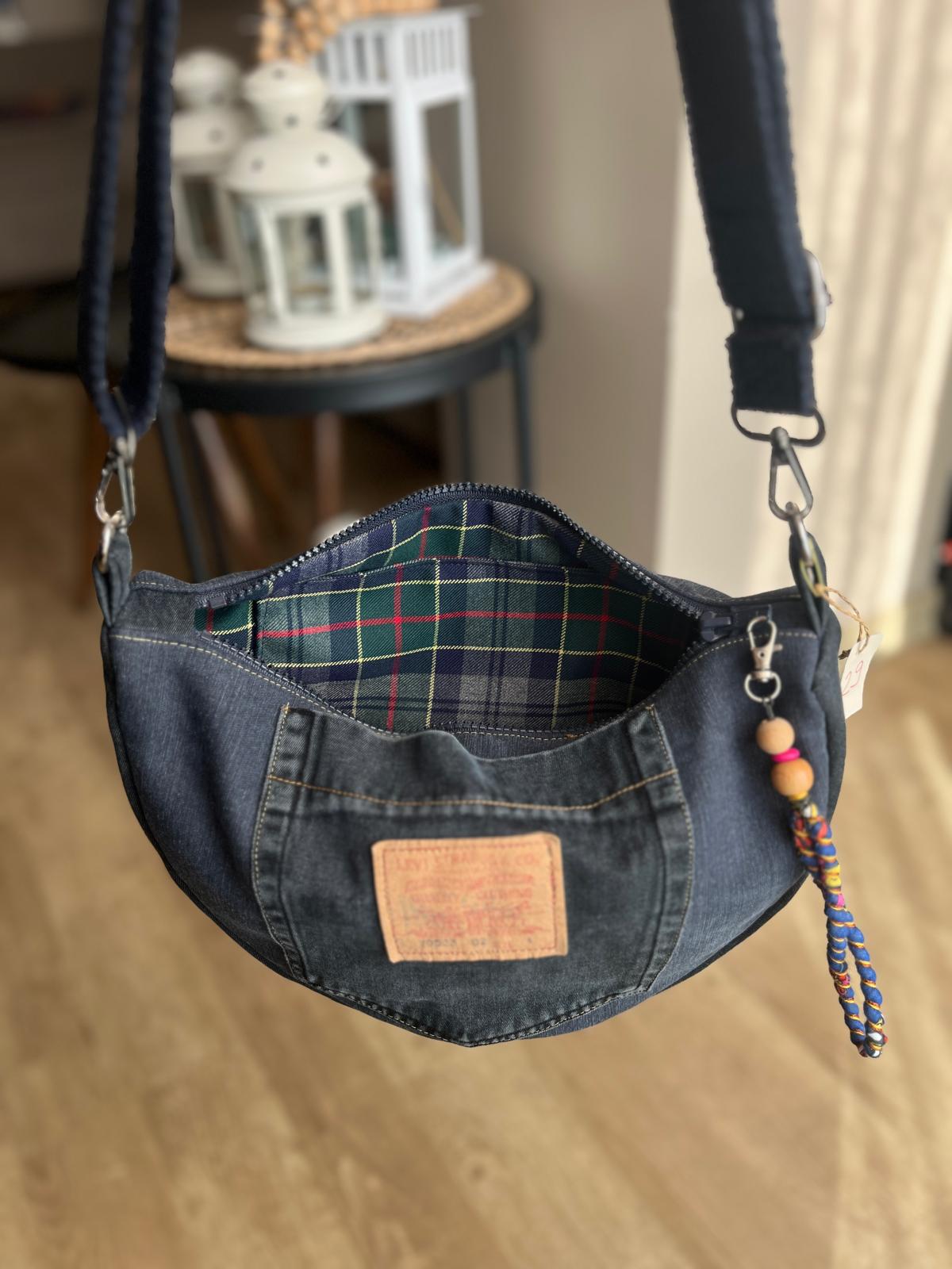 Elyaf Dolgulu Denim Çapraz Çanta – Ekose Astar İç