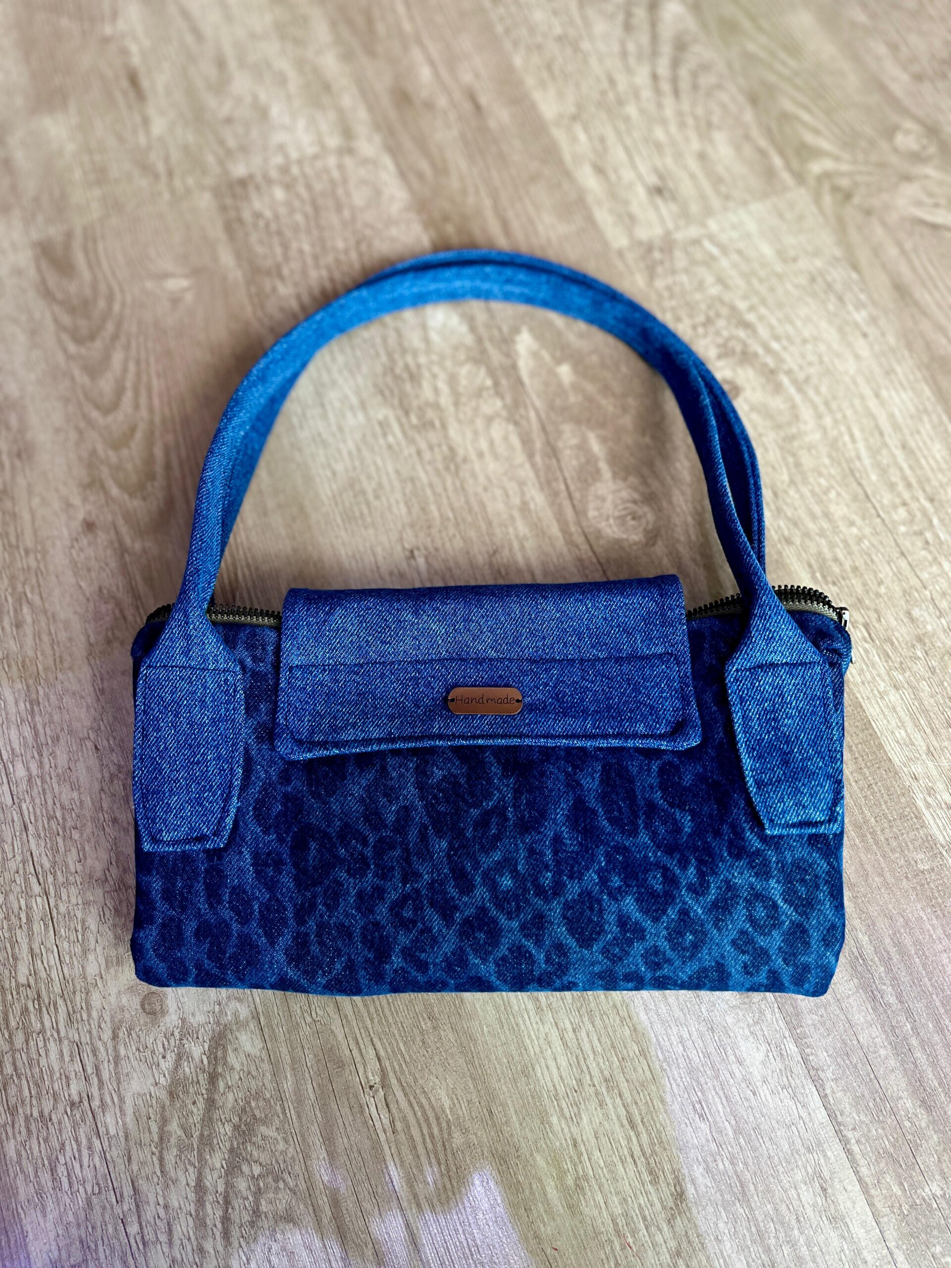 Patchwork & Lacivert Leopar Desenli Denim Longchamp Stil Çanta – Lacivert Saplı kapalı arka
