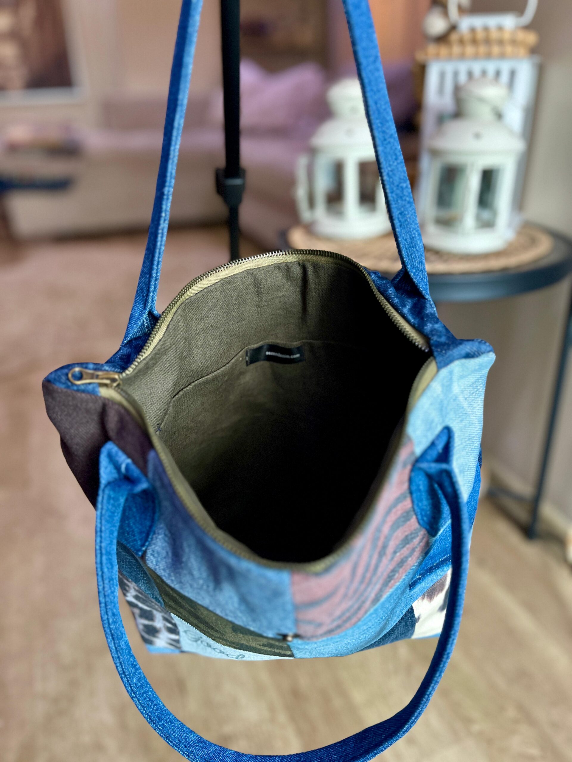 Patchwork & Lacivert Leopar Desenli Denim Longchamp Stil Çanta – Lacivert Saplı iç