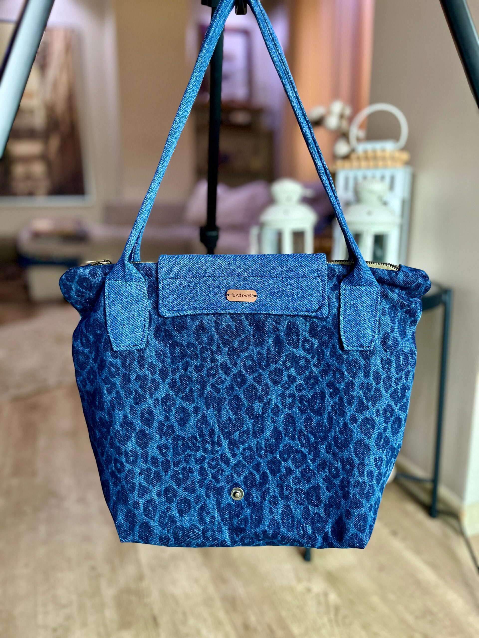 Patchwork & Lacivert Leopar Desenli Denim Longchamp Stil Çanta – Lacivert Saplı arka